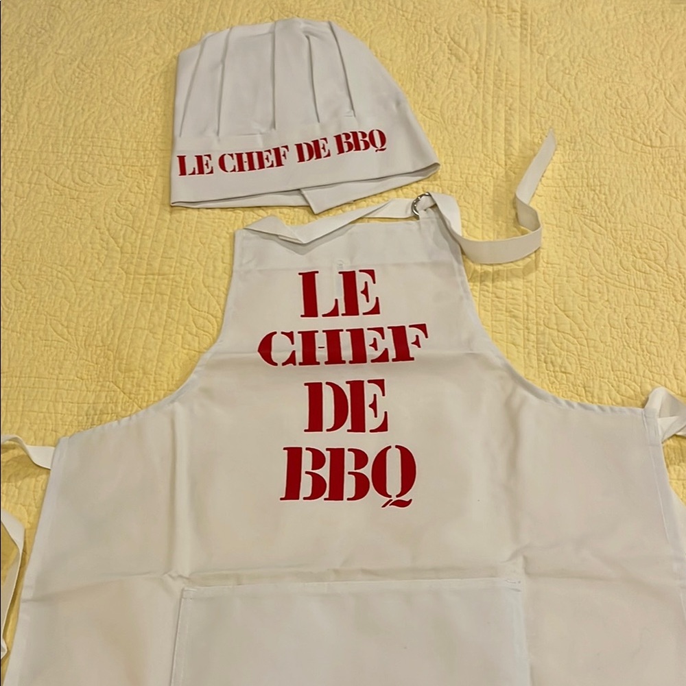 NWOT White Chef Apron and Hat Set with Red Print: Chef De BBQ